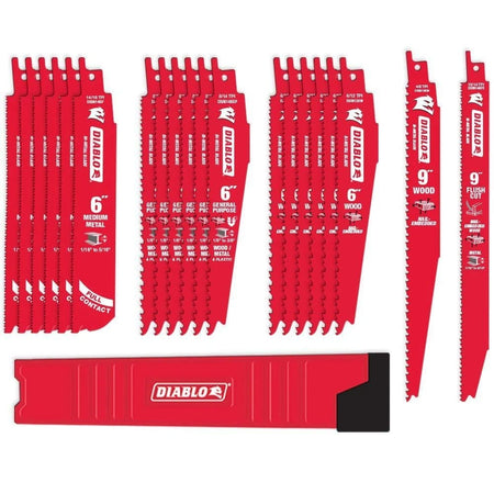 A comprehensive product display of the Diablo 20-piece demolition reciprocating saw blade set. The image shows several rows of red Demo Demon and Steel Demon blades organized by application, including nail-embedded wood, general purpose, and medium metal, alongside a red and black heavy-duty storage case.