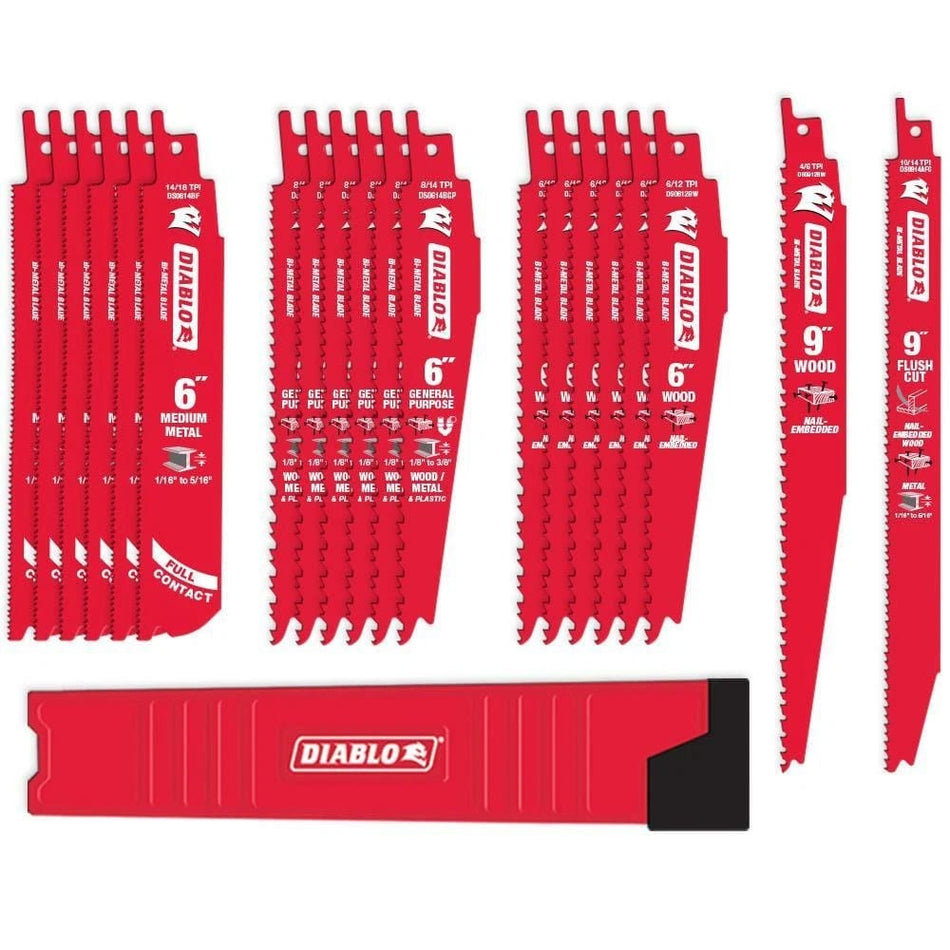A comprehensive product display of the Diablo 20-piece demolition reciprocating saw blade set. The image shows several rows of red Demo Demon and Steel Demon blades organized by application, including nail-embedded wood, general purpose, and medium metal, alongside a red and black heavy-duty storage case.