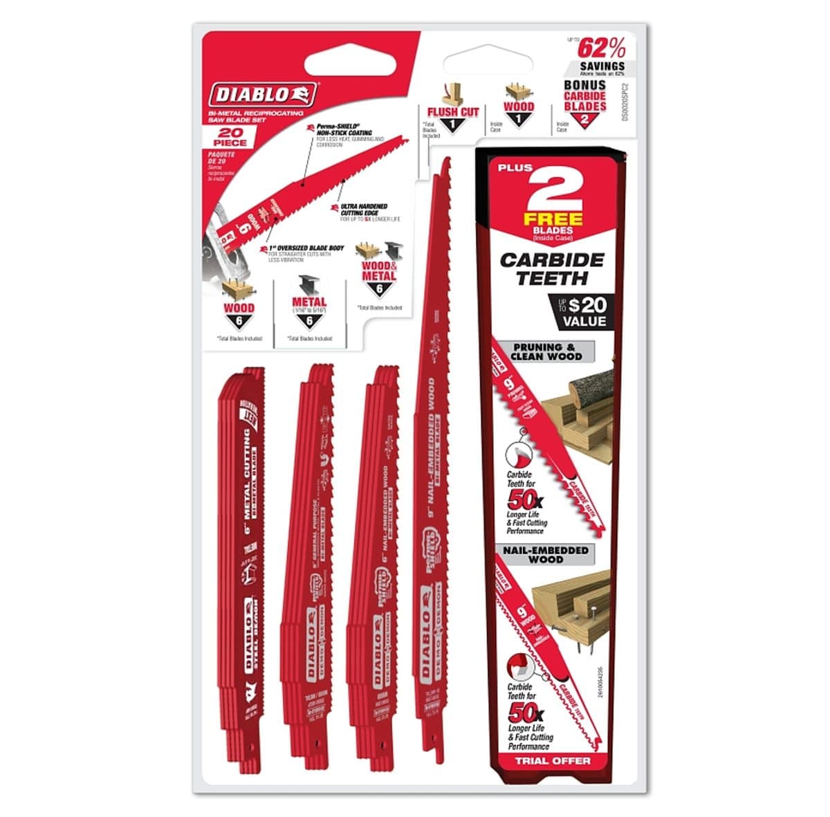 A professional retail photograph of the Diablo 20-piece bi-metal reciprocating saw blade set in its hanging card packaging. The packaging highlights a bonus offer of two free carbide teeth blades, a 62 percent savings value, and specific blade counts for wood and metal demolition tasks.