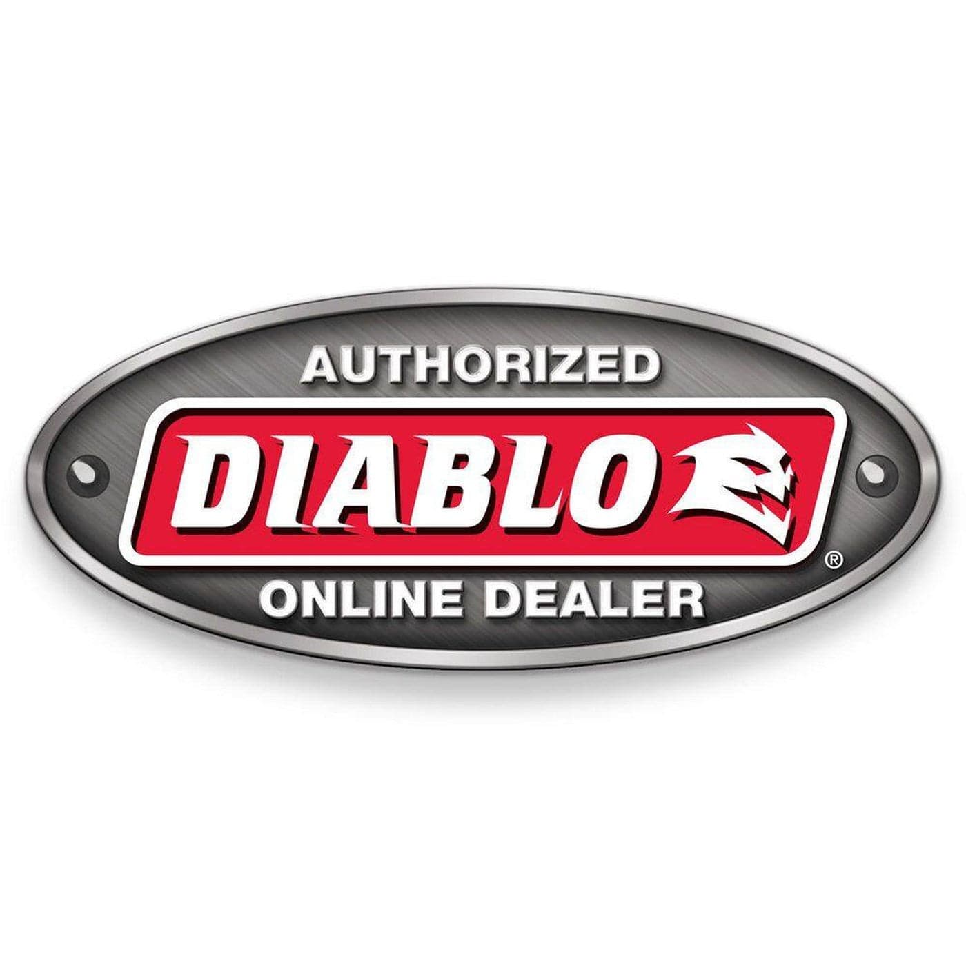 An official Diablo Authorized Online Dealer badge with a brushed metallic oval frame and the red and white Diablo logo, signifying a verified and trusted retail partner for industrial cutting tools.