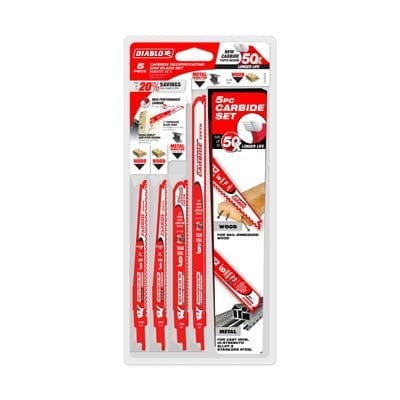 Retail packaging for the Diablo DS005SCPC 5-piece carbide reciprocating saw blade set, showcasing three Demo Demon blades for nail-embedded wood demolition and two Steel Demon blades for extreme metal cutting, including cast iron and stainless steel.