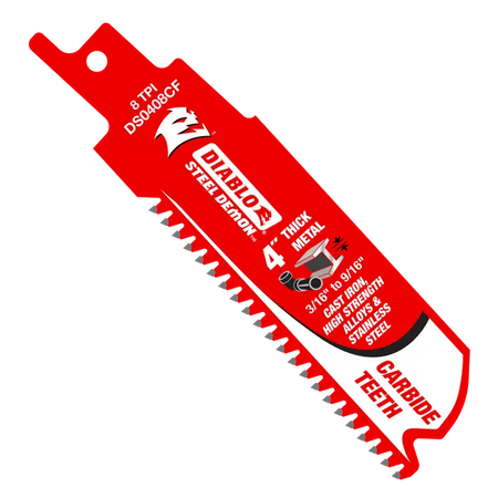 A high-resolution product shot of the 4 inch Diablo Steel Demon carbide reciprocating saw blade. The image highlights the aggressive 8 TPI carbide teeth and the specialized red demolition body optimized for heavy-duty metal cutting applications such as cast iron and stainless steel.