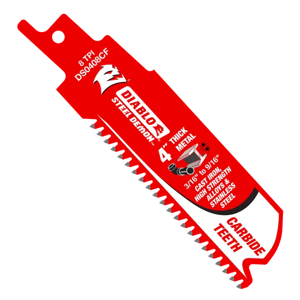 A high-resolution product shot of the 4 inch Diablo Steel Demon carbide reciprocating saw blade. The image highlights the aggressive 8 TPI carbide teeth and the specialized red demolition body optimized for heavy-duty metal cutting applications such as cast iron and stainless steel.
