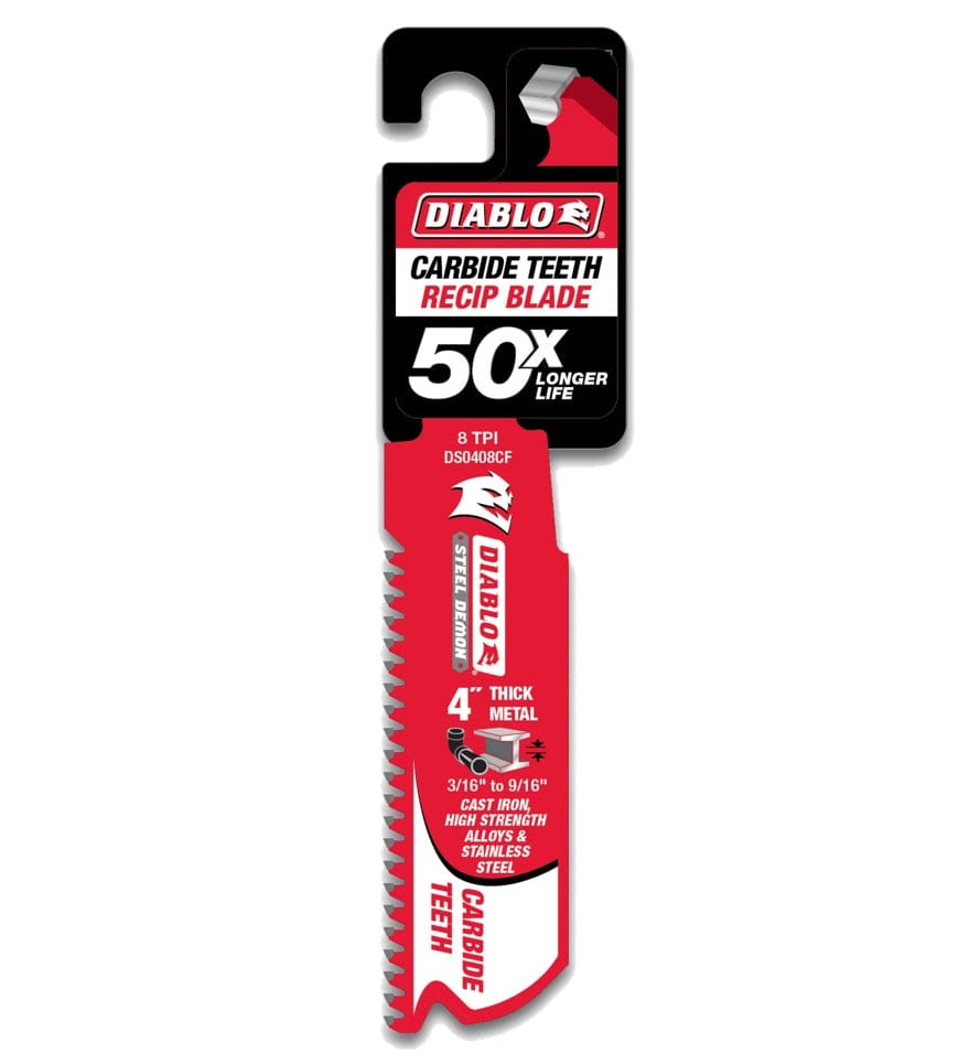 A retail-ready view of the Diablo 4 inch Steel Demon thick metal cutting blade in its original hanging card packaging. The design prominently displays the 50X longer life durability claim and specifies its suitability for high-strength alloys and stainless steel.