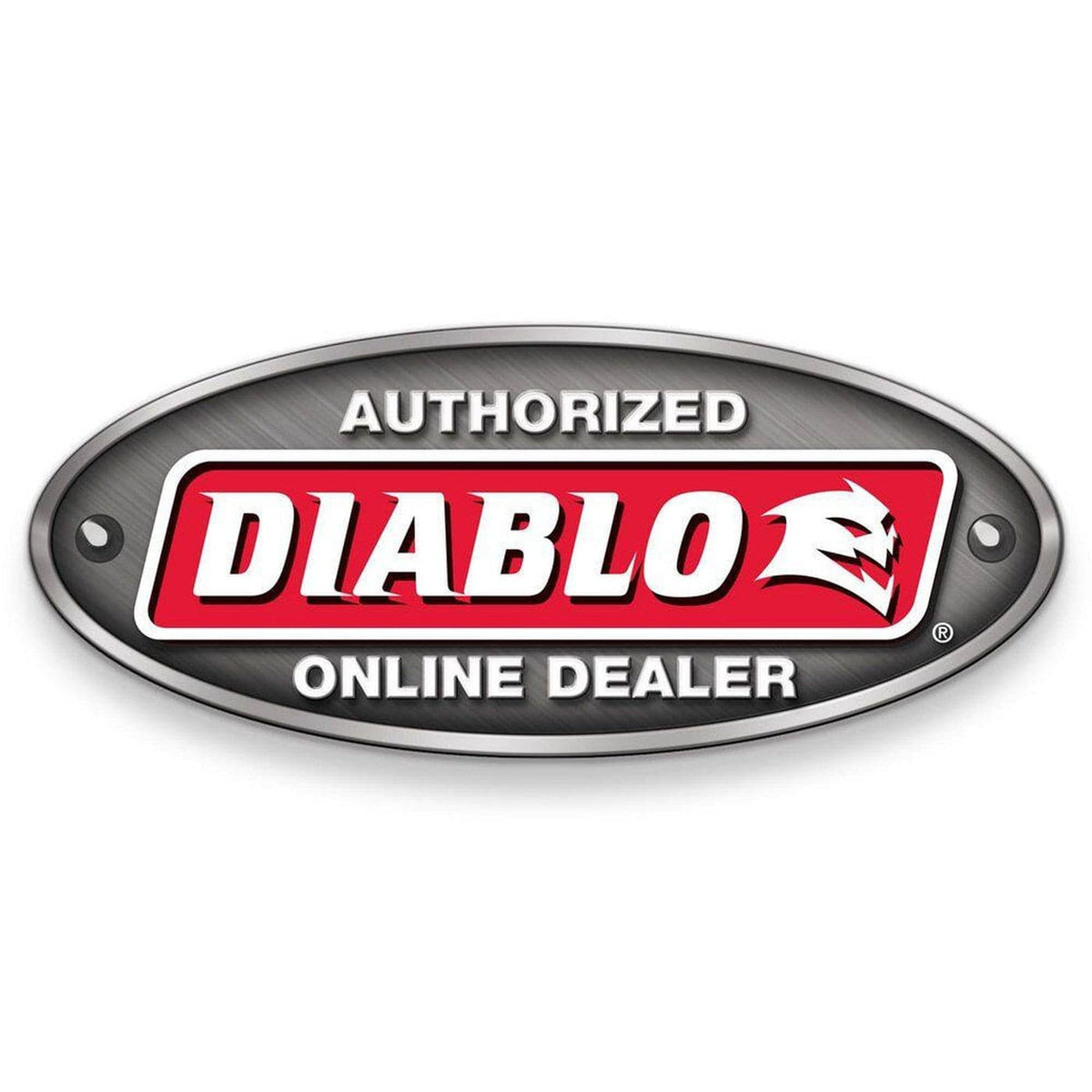An official Diablo Authorized Online Dealer badge featuring a brushed metallic oval border and the red Diablo logo, signifying a verified and trusted retail partner for high-performance cutting tools.