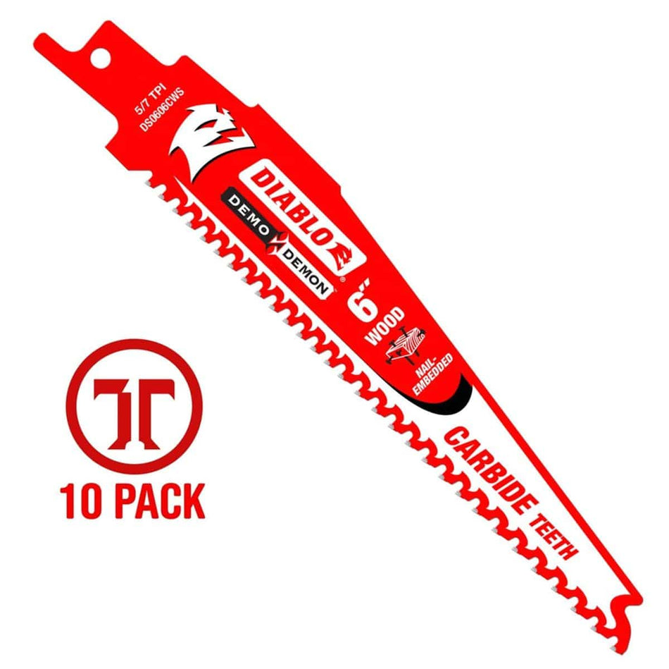 A high-resolution product photograph of a single 6 inch Diablo Demo Demon carbide teeth reciprocating saw blade. The blade features a bright red body with white and black branding, highlighting the 5/7 TPI variable tooth design and optimization for nail-embedded wood. A red 10-pack graphic is featured to the left to indicate the bulk quantity.
