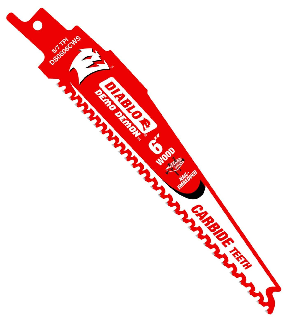 A high-resolution product photograph of a single 6 inch Diablo Demo Demon carbide teeth reciprocating saw blade. The red blade features white and black branding, highlighting the 5/7 TPI variable tooth design and its optimization for structural demolition in nail-embedded wood.