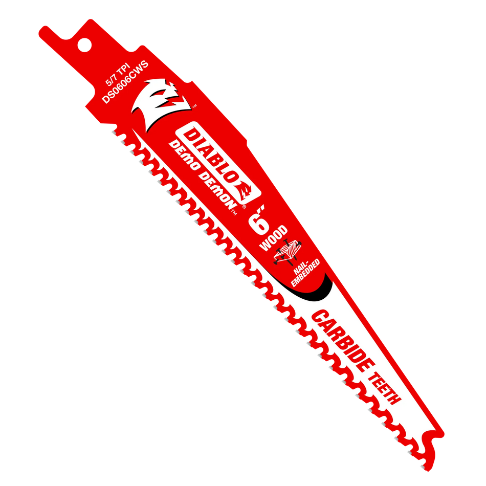A high-resolution product photograph of a single 6 inch Diablo Demo Demon carbide teeth reciprocating saw blade. The red blade features white and black branding, highlighting the 5/7 TPI variable tooth design and its optimization for structural demolition in nail-embedded wood.