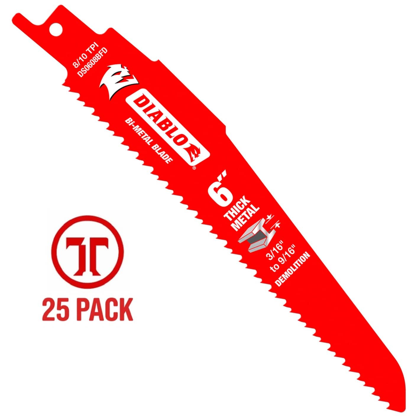 A high-resolution product shot of a single 6 inch Diablo bi-metal reciprocating saw blade for thick metal cutting. The blade features a bright red Perma-SHIELD coating, 8/10 TPI dual tooth design, and a reinforced demolition body. A red 25-pack graphic is positioned to the left to indicate the bulk quantity.