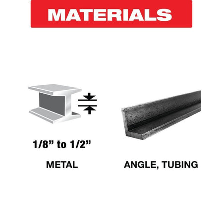 A material application graphic illustrating the diverse capabilities of the Diablo bi-metal blade, featuring icons for metal 1/8 inch to 1/2 inch thick and structural angle tubing, highlighting its optimization for heavy-duty metalwork.