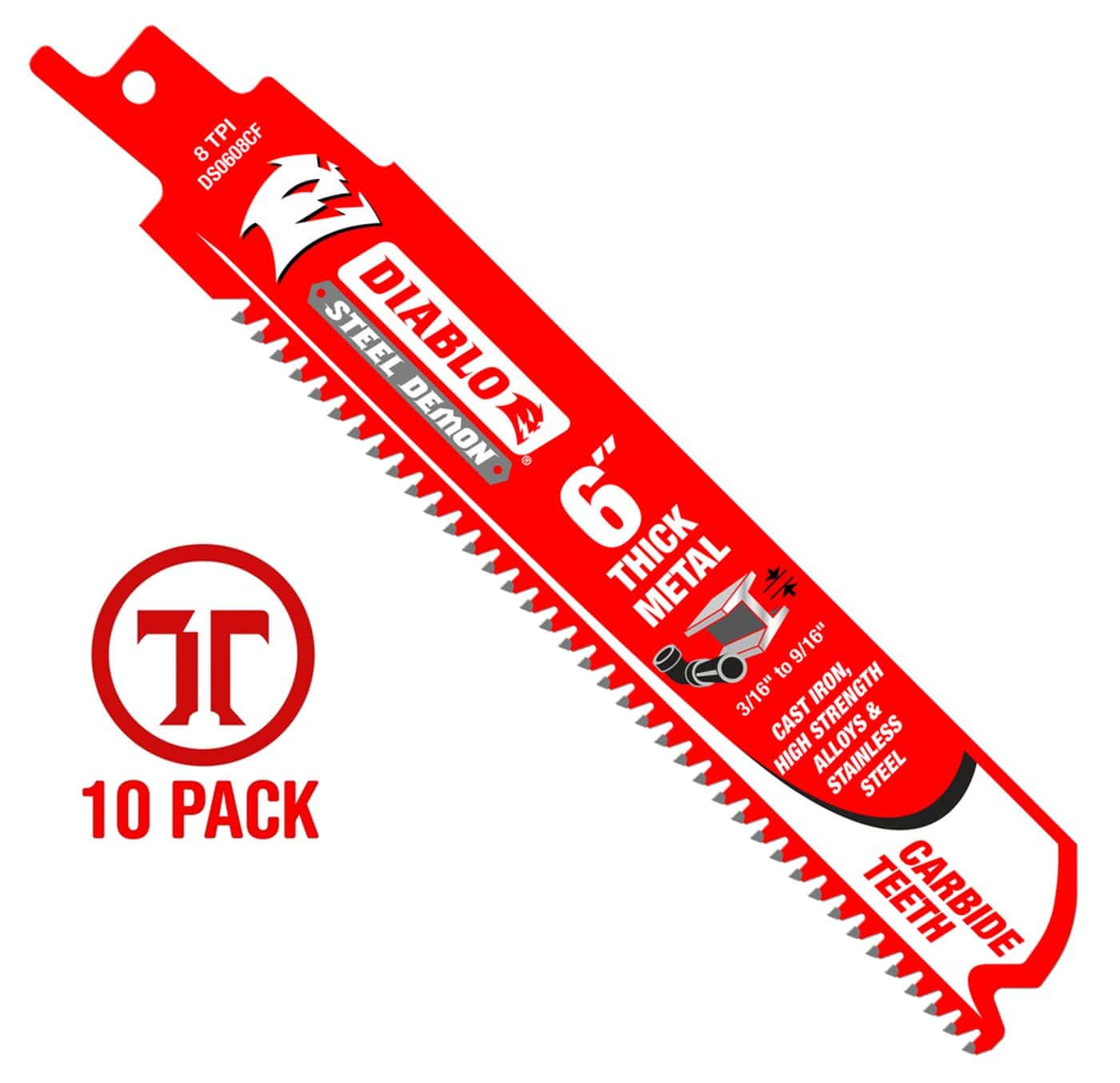 A studio product photograph of a single 6 inch Diablo Steel Demon carbide teeth reciprocating saw blade. The blade is vibrant red with white and black branding, highlighting its 8 TPI rating and optimization for thick metal from 3/16 inch to 9/16 inch. A red 10-pack graphic is featured to the left to indicate the bulk quantity.