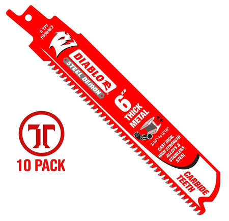 A studio product photograph of a single 6 inch Diablo Steel Demon carbide teeth reciprocating saw blade. The blade is vibrant red with white and black branding, highlighting its 8 TPI rating and optimization for thick metal from 3/16 inch to 9/16 inch. A red 10-pack graphic is featured to the left to indicate the bulk quantity.