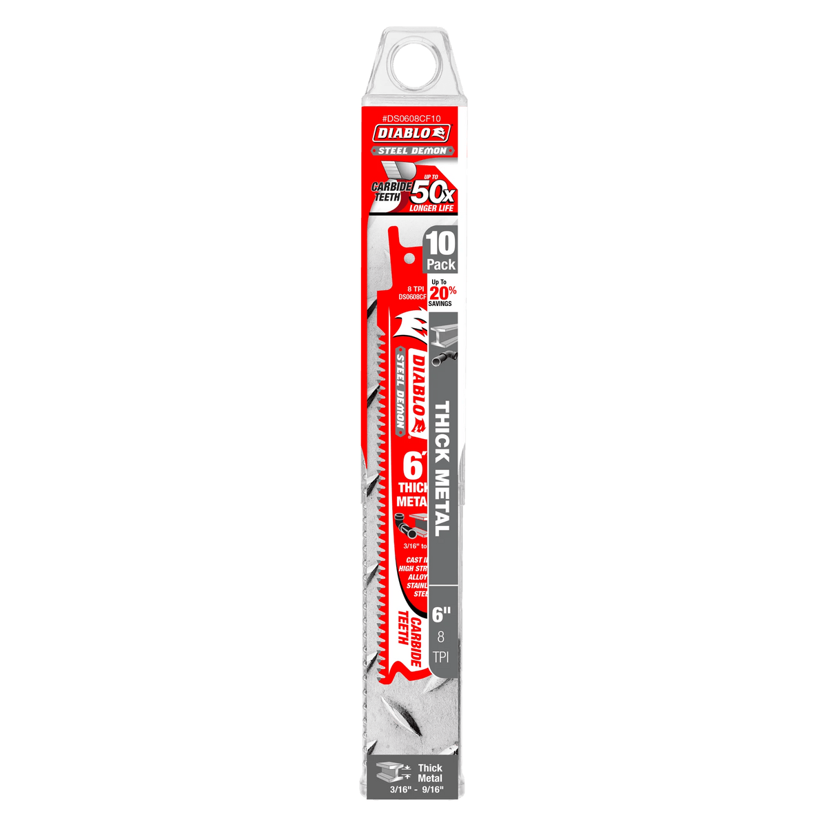 A professional retail shot of the 6 inch Diablo Steel Demon carbide reciprocating saw blade in its original hanging card packaging. The packaging details the 50X longer life durability claim, the 10-pack quantity, and its suitability for extreme thick metal cutting including cast iron and stainless steel.
