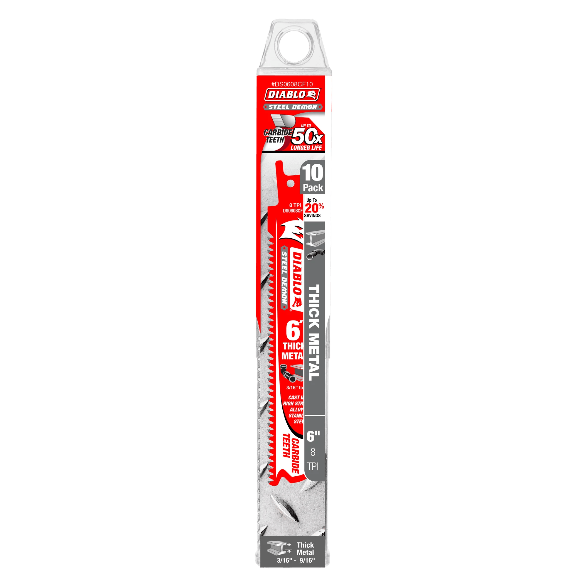 A professional retail shot of the 6 inch Diablo Steel Demon carbide reciprocating saw blade in its original hanging card packaging. The packaging details the 50X longer life durability claim, the 10-pack quantity, and its suitability for extreme thick metal cutting including cast iron and stainless steel.