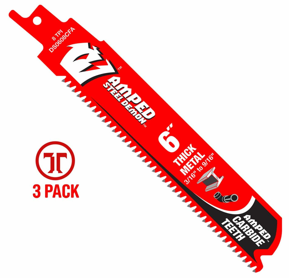 A high-resolution product photograph of a single 6 inch Diablo AMPED Steel Demon carbide teeth reciprocating saw blade. The red blade features white and black branding, highlighting the 8 TPI tooth count and Black I.C.E. industrial coating for thick metal. A red 3-pack graphic is featured on the left to indicate bulk quantity.