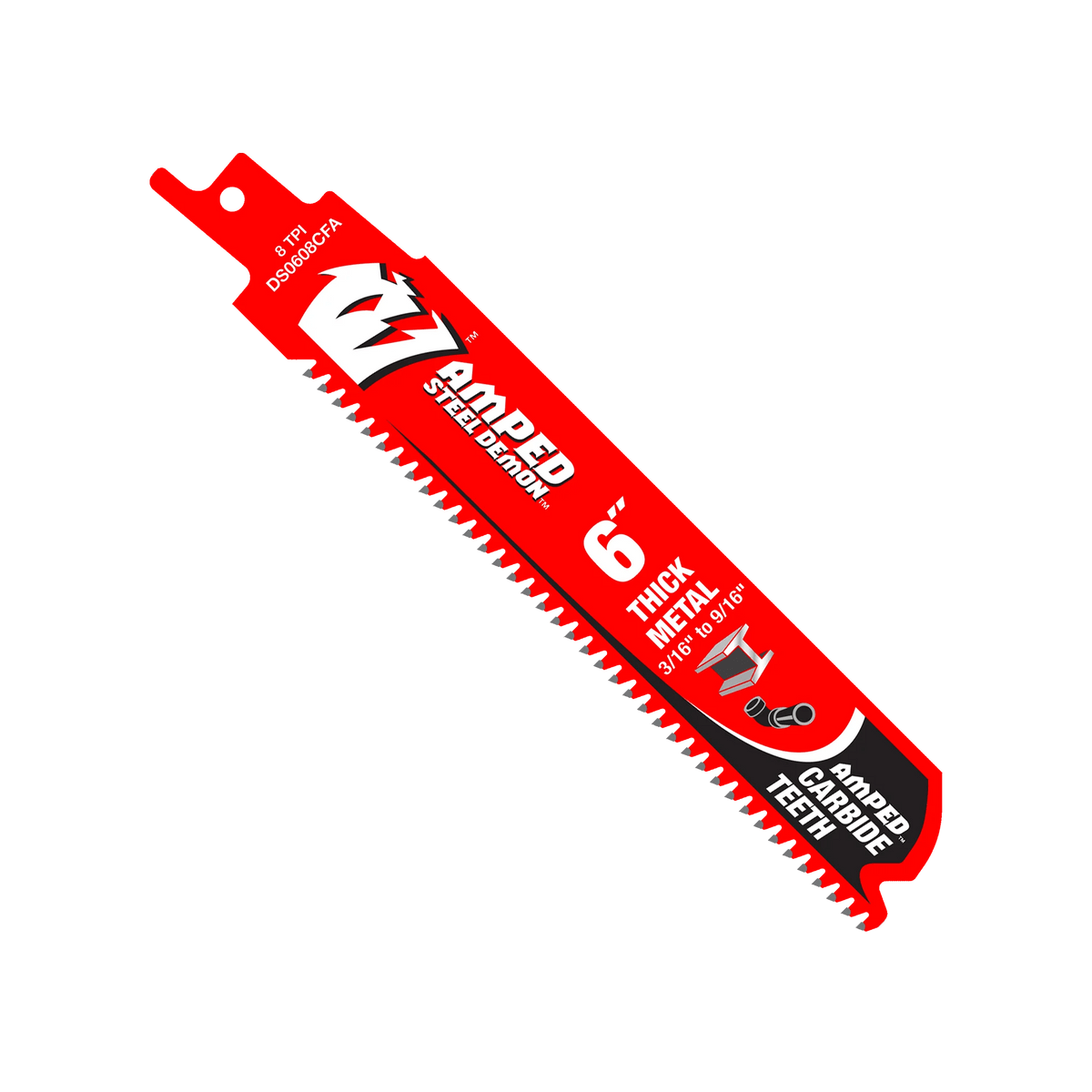 A high-resolution product photograph of a single 6 inch Diablo AMPED Steel Demon carbide teeth reciprocating saw blade. The blade features a vibrant red body with white and black branding, highlighting the 8 TPI tooth count and Black I.C.E. industrial coating for thick metal cutting.