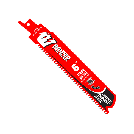 A high-resolution product photograph of a single 6 inch Diablo AMPED Steel Demon carbide teeth reciprocating saw blade. The blade features a vibrant red body with white and black branding, highlighting the 8 TPI tooth count and Black I.C.E. industrial coating for thick metal cutting.