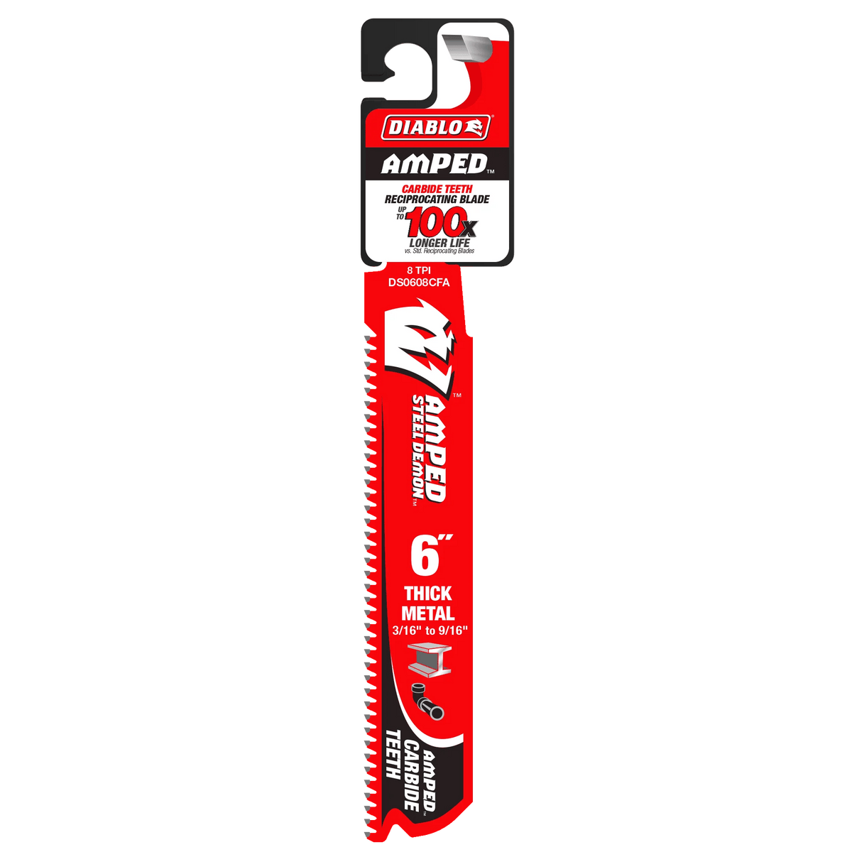 A professional retail shot of the 6 inch Diablo AMPED carbide reciprocating saw blade in its original hanging card packaging. The design prominently displays the 100X longer life durability claim and specifies its optimization for thick metals, cast iron, and stainless steel between 3/16 inch and 9/16 inch.