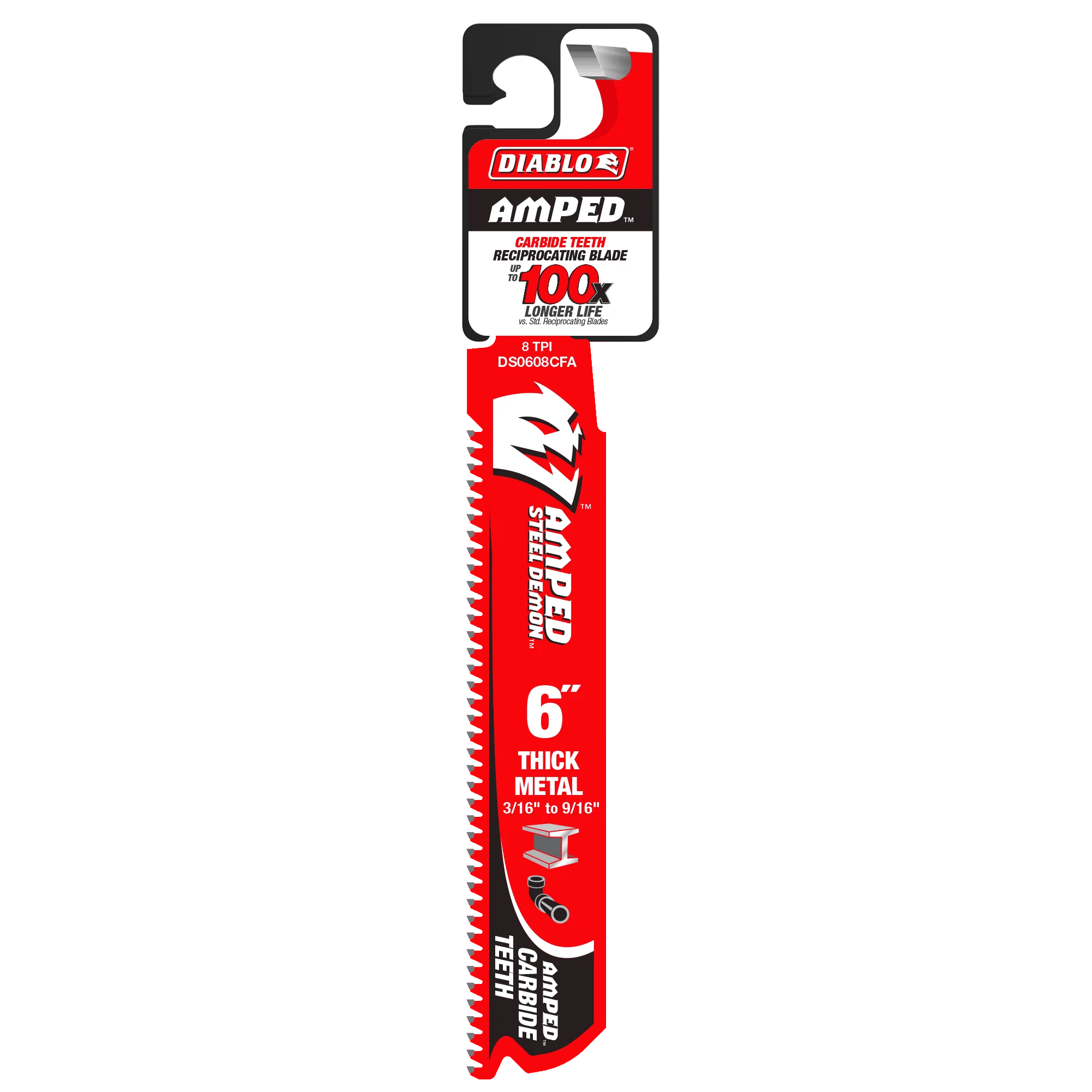 A professional retail shot of the 6 inch Diablo AMPED carbide reciprocating saw blade in its original hanging card packaging. The design prominently displays the 100X longer life durability claim and specifies its optimization for thick metals, cast iron, and stainless steel between 3/16 inch and 9/16 inch.