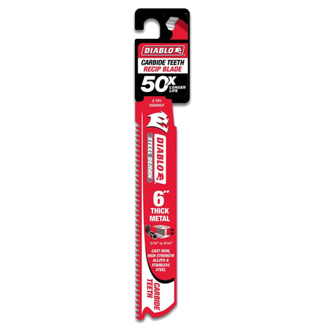 A professional retail shot of the 6 inch Diablo Steel Demon carbide reciprocating saw blade in its original hanging card packaging. The design prominently displays the 50X longer life durability claim and technical specifications for cutting thick industrial metals and stainless steel.