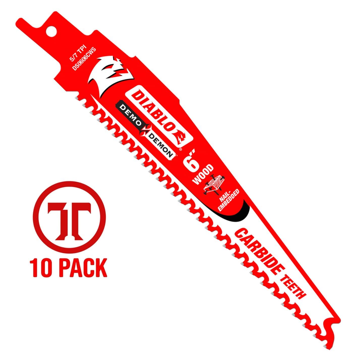 A high-resolution product photograph of a single 6 inch Diablo Demo Demon carbide teeth reciprocating saw blade. The blade features a bright red body with white and black branding, highlighting the 5/7 TPI variable tooth design and optimization for nail-embedded wood. A red 10-pack graphic is featured to the left to indicate the bulk quantity.