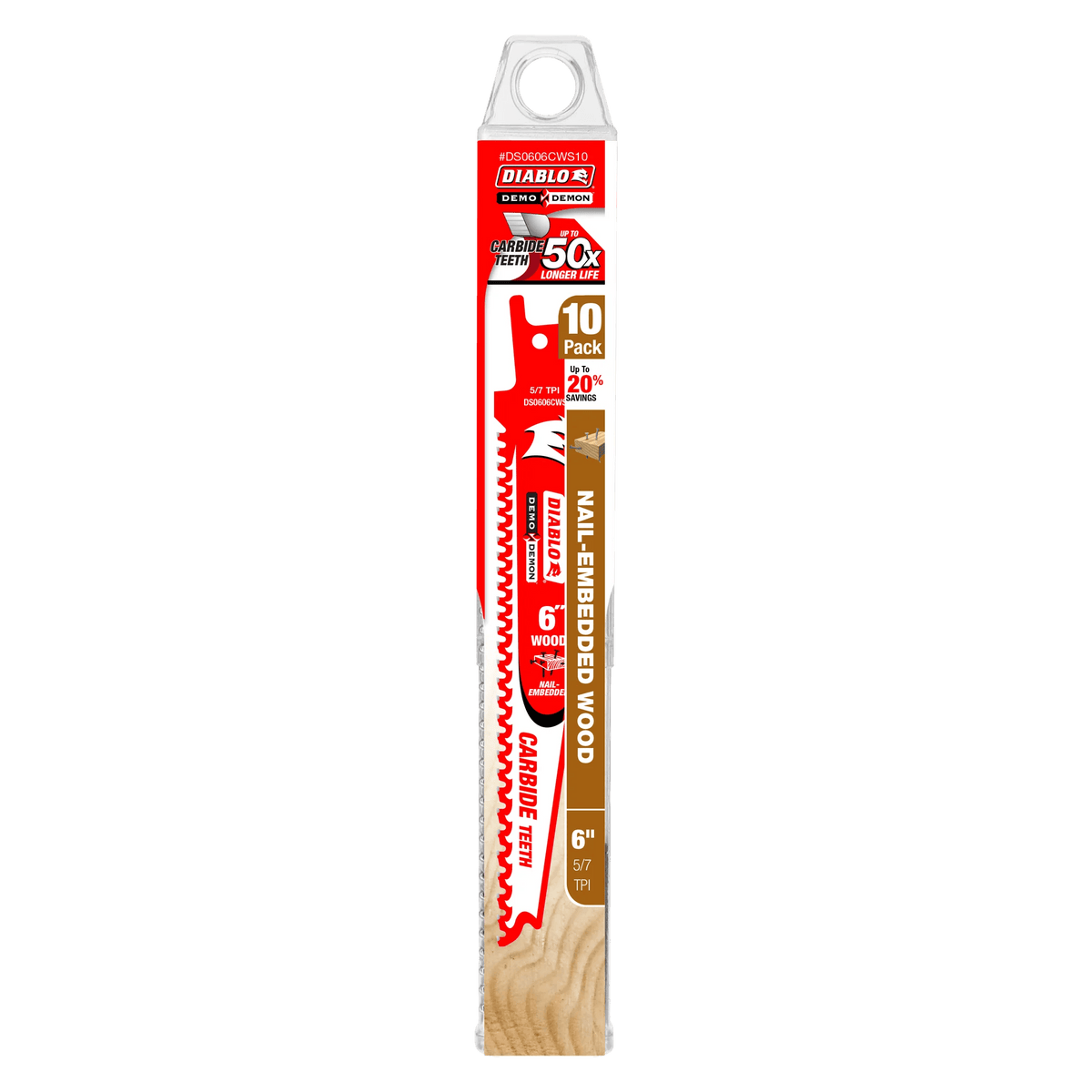 A professional retail shot of the 6 inch Diablo Demo Demon carbide reciprocating saw blade in its original hanging card packaging. The design prominently displays the 10-pack bulk quantity, the 50X longer life durability claim, and 5/7 TPI variable tooth specifications.