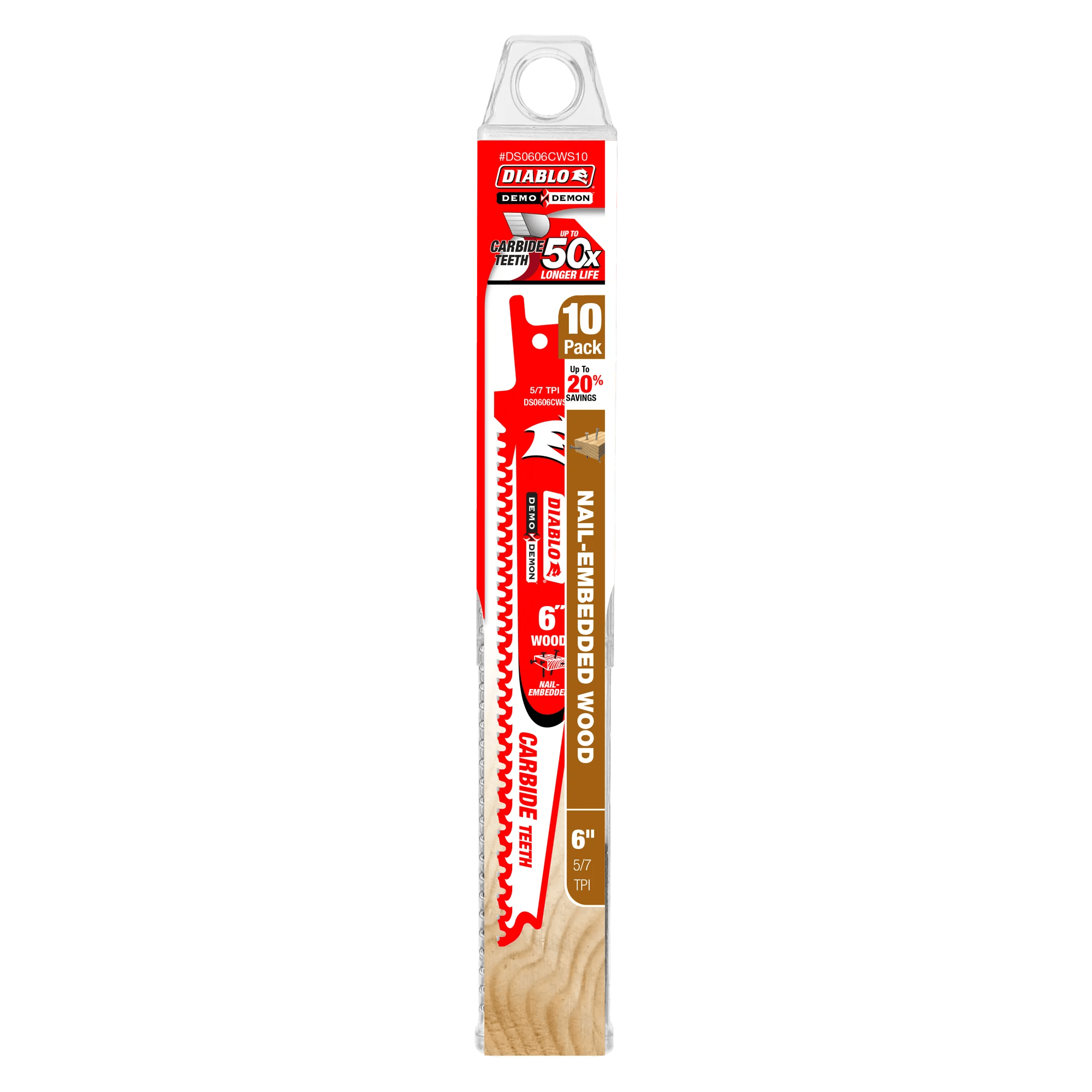 A professional retail shot of the 6 inch Diablo Demo Demon carbide reciprocating saw blade in its original hanging card packaging. The design prominently displays the 10-pack bulk quantity, the 50X longer life durability claim, and 5/7 TPI variable tooth specifications.
