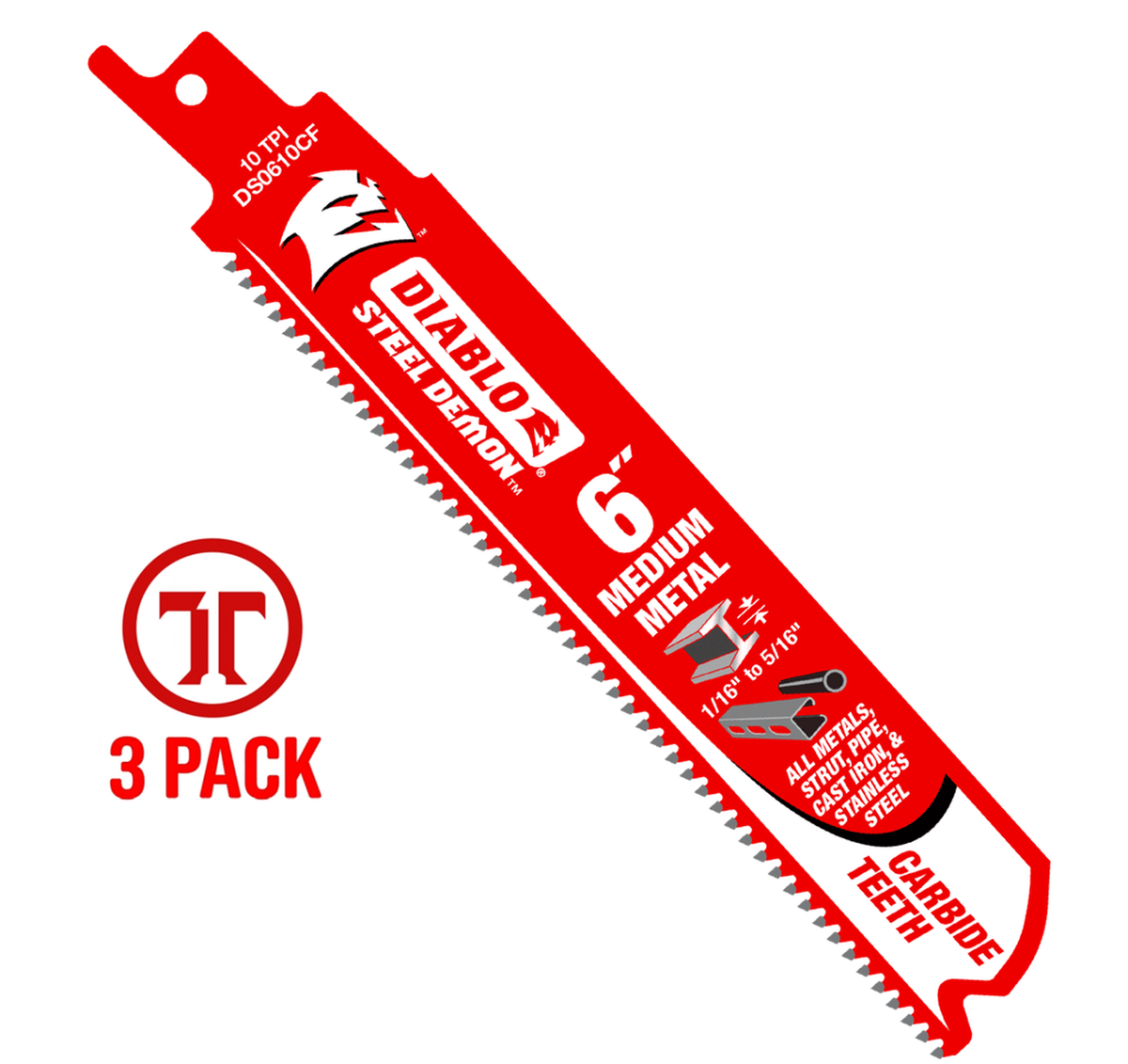 A high-resolution product photograph of a single 6 inch Diablo Steel Demon carbide teeth reciprocating saw blade. The blade is bright red with white and black branding, highlighting the 10 TPI tooth count and its optimization for medium metal between 1/16 inch and 5/16 inch. A red 3-pack logo is featured on the left to indicate the product quantity.