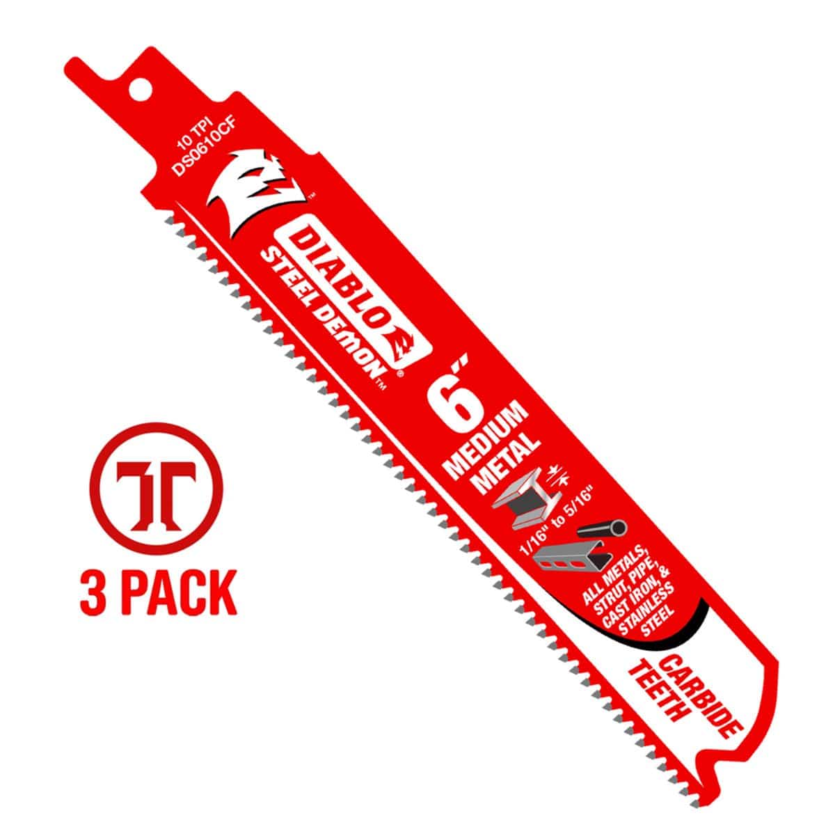 A high-resolution product photograph of a single 6 inch Diablo Steel Demon carbide teeth reciprocating saw blade. The blade is bright red with white and black branding, highlighting the 10 TPI tooth count and its optimization for medium metal between 1/16 inch and 5/16 inch. A red 3-pack logo is featured on the left to indicate the product quantity.