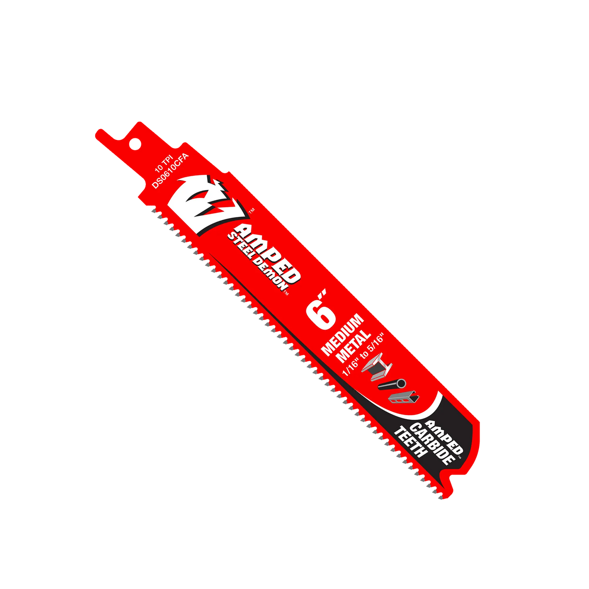 A studio product graphic of a single red and black Diablo AMPED Steel Demon reciprocating saw blade, highlighting the 10 TPI carbide teeth cutting edge, specialized medium metal labeling, and clear application limits ranging from 1/16 in. to 5/16 in. thick.