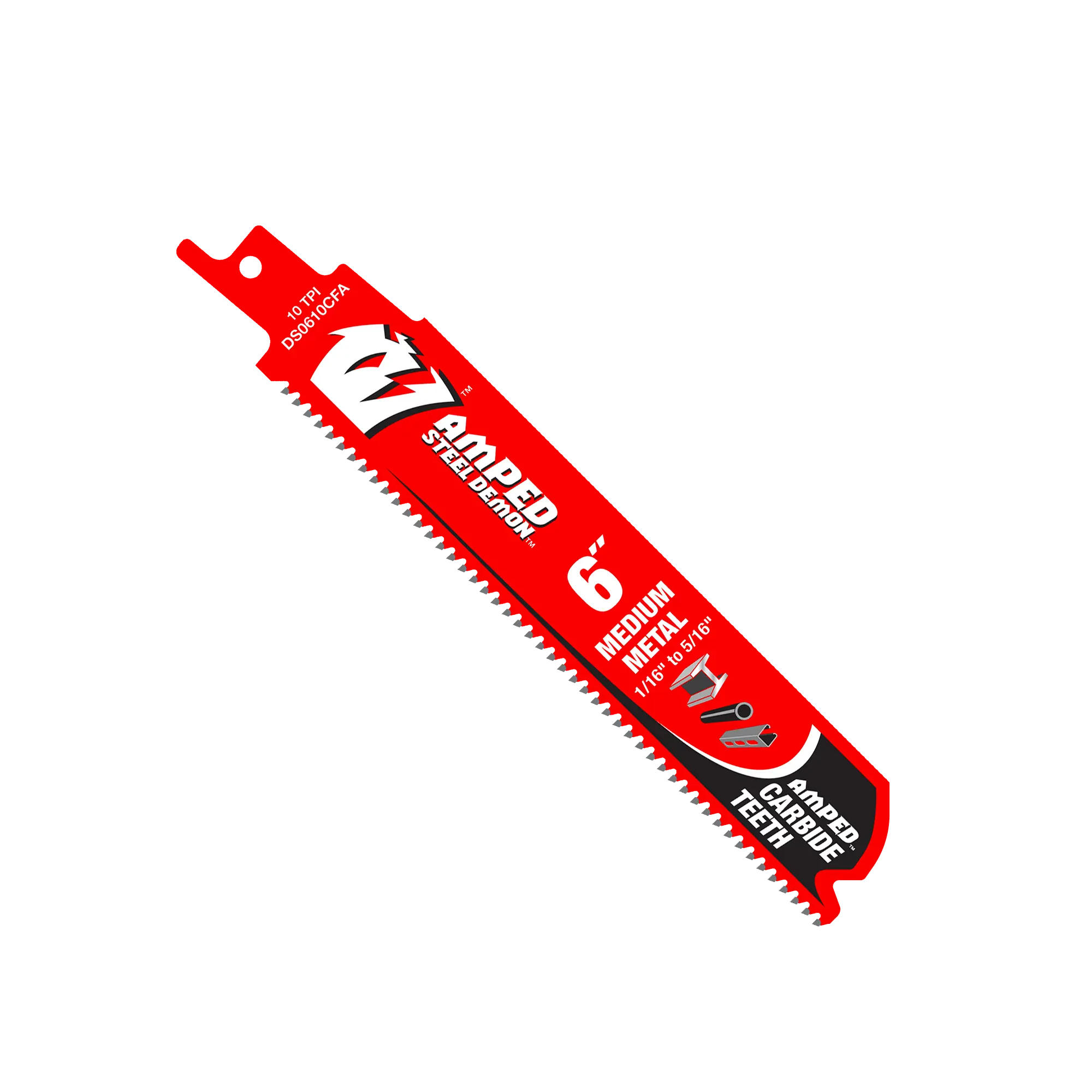 A studio product graphic of a single red and black Diablo AMPED Steel Demon reciprocating saw blade, highlighting the 10 TPI carbide teeth cutting edge, specialized medium metal labeling, and clear application limits ranging from 1/16 in. to 5/16 in. thick.