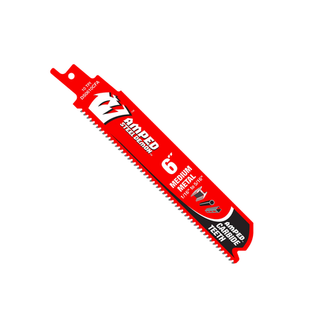 A studio product graphic of a single red and black Diablo AMPED Steel Demon reciprocating saw blade, highlighting the 10 TPI carbide teeth cutting edge, specialized medium metal labeling, and clear application limits ranging from 1/16 in. to 5/16 in. thick.