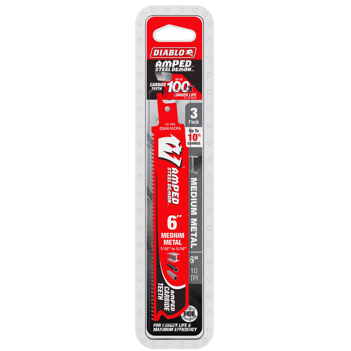 The Diablo AMPED Steel Demon 6-inch medium metal carbide reciprocating saw blades shown vertically in original 3-pack retail clamshell cardboard card packaging, calling out the 100X longer life capability and Black I.C.E. coating.