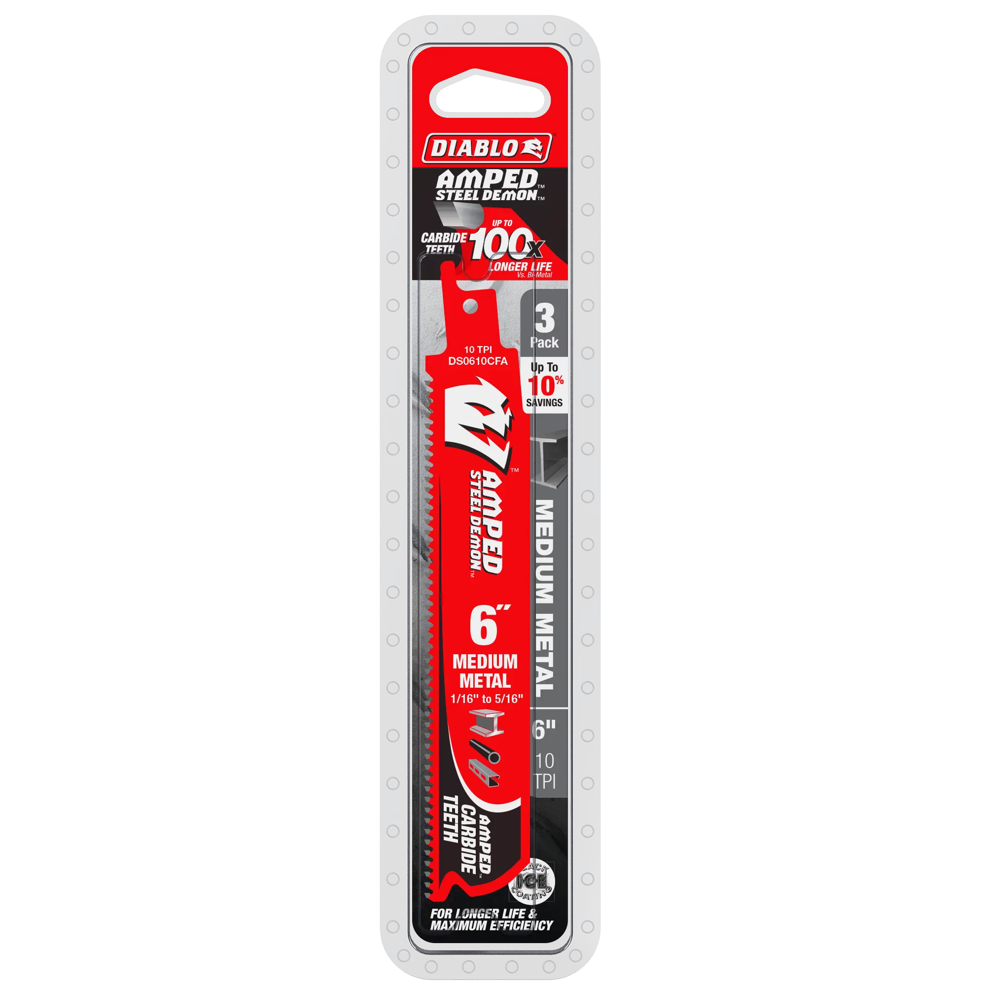 The Diablo AMPED Steel Demon 6-inch medium metal carbide reciprocating saw blades shown vertically in original 3-pack retail clamshell cardboard card packaging, calling out the 100X longer life capability and Black I.C.E. coating.
