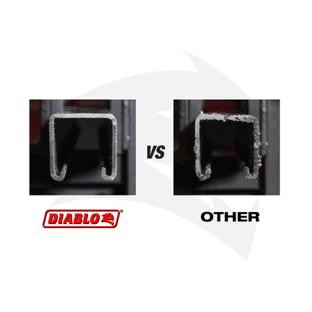 A side-by-side product comparison graphic titled VS, contrasting a smooth, clean, burr-free edge cut made by a Diablo blade on a metal strut profile against a rough, jagged edge cut left by an ordinary standard blade labeled other.