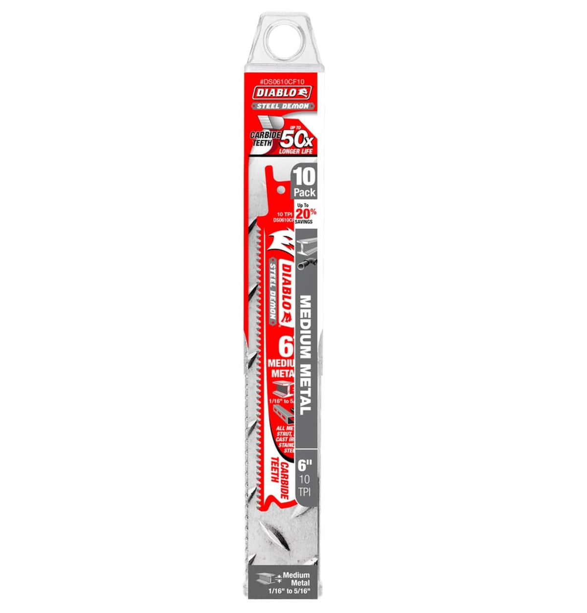 Diablo DS0610CF Steel Demon 6-inch 10 TPI carbide teeth reciprocating saw blade for medium metal in its professional 10-pack retail sleeve, featuring a red and white high-visibility design.