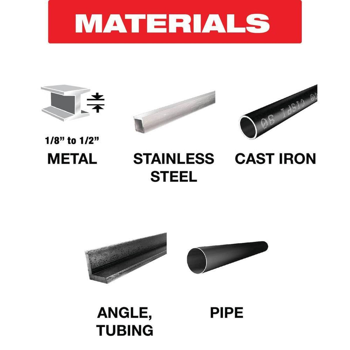 Material application infographic for the Diablo Steel Demon reciprocating saw blade showing compatibility with 1/8 inch to 1/2 inch thick metal, stainless steel, cast iron, angle tubing, and metal pipe.
