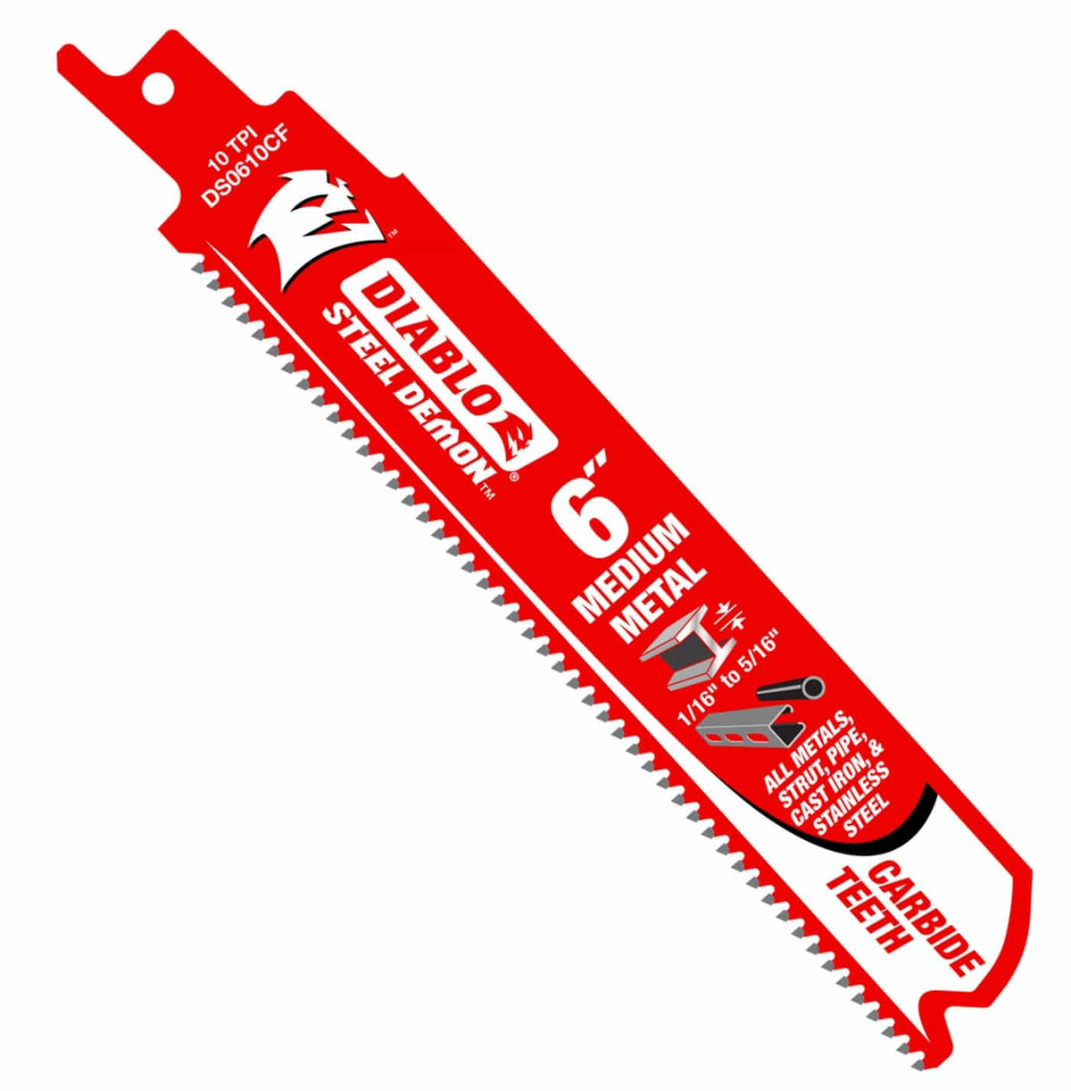 A high-resolution product photograph of a single 6 inch Diablo Steel Demon carbide teeth reciprocating saw blade. The red blade features white and black branding, highlighting the 10 TPI tooth count and its optimization for medium metal materials ranging from 1/16 inch to 5/16 inch thick.