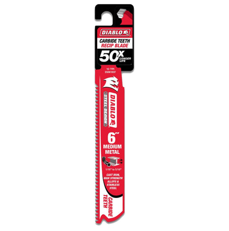 A professional retail shot of the 6 inch Diablo Steel Demon carbide reciprocating saw blade in its original hanging card packaging. The design prominently displays the 50X longer life durability claim and specifies its use for medium metal, including cast iron, high-strength alloys, and stainless steel.