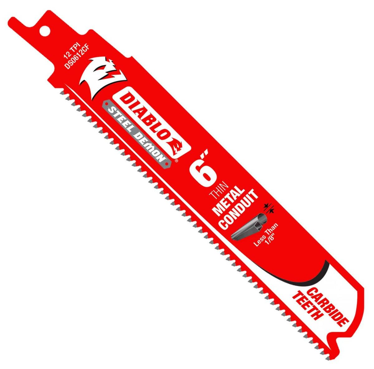 A high-resolution product photograph of a single 6 inch Diablo Steel Demon carbide teeth reciprocating saw blade. The red blade features white and black branding, highlighting the 12 TPI tooth geometry and its specialization for thin metal conduit and materials less than 1/8 inch thick.