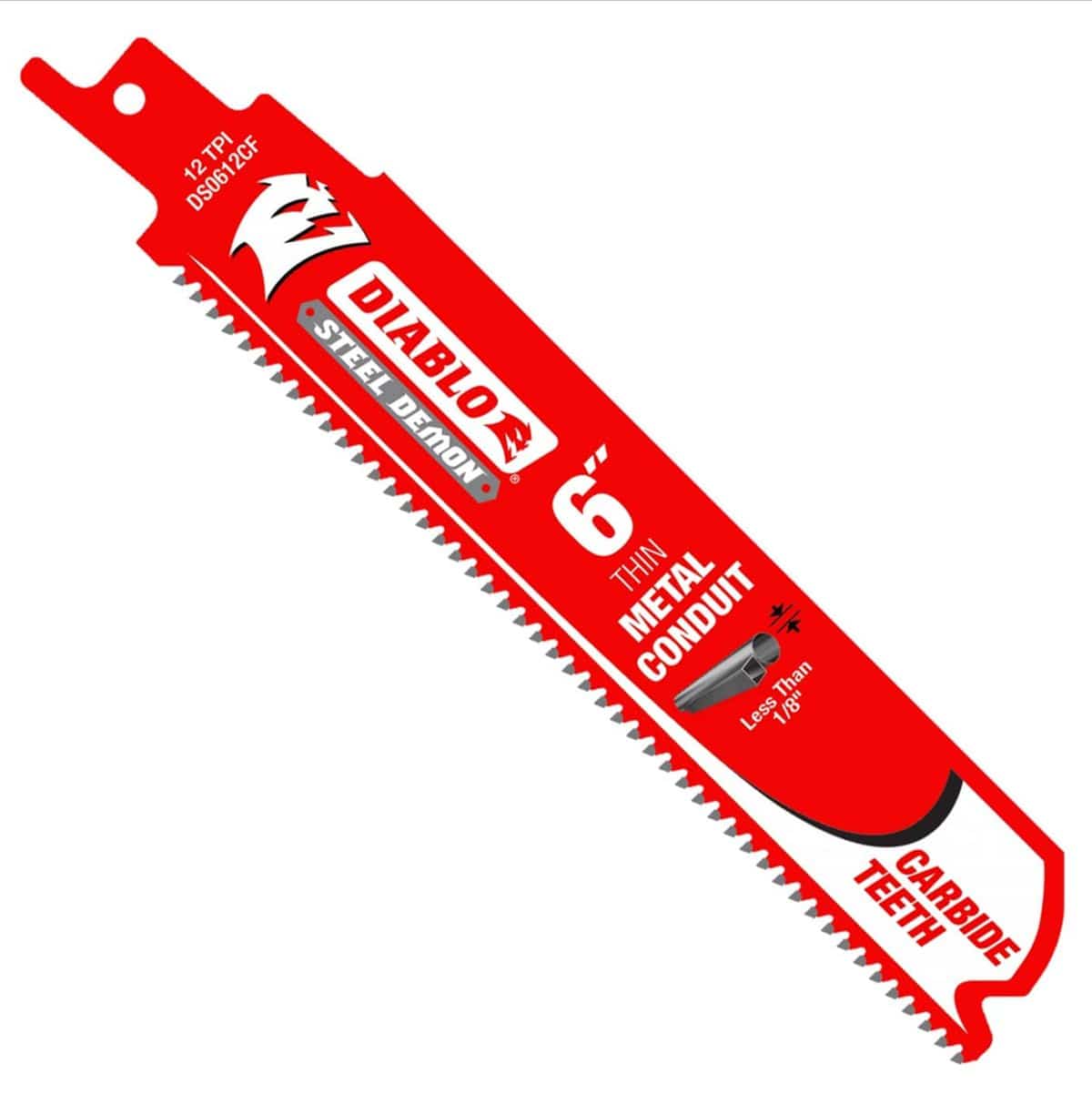 A high-resolution product photograph of a single 6 inch Diablo Steel Demon carbide teeth reciprocating saw blade. The red blade features white and black branding, highlighting the 12 TPI tooth geometry and its specialization for thin metal conduit and materials less than 1/8 inch thick.