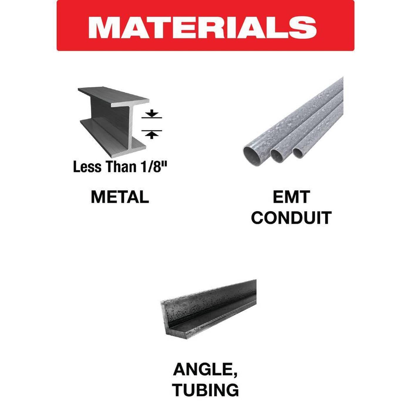 A materials application graphic illustrating the effective use cases for the Diablo Steel Demon 12 TPI blade, featuring high-quality icons for thin metal less than 1/8 inch, EMT conduit, and angle tubing.