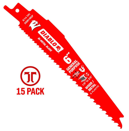 A studio product photograph of a single 6 inch Diablo Demo Demon bi-metal reciprocating saw blade. The blade is vibrant red with white and black branding, displaying icons for wood, nail-embedded wood, and metal cutting. A red 15-pack graphic is featured to the left to indicate the bulk quantity.