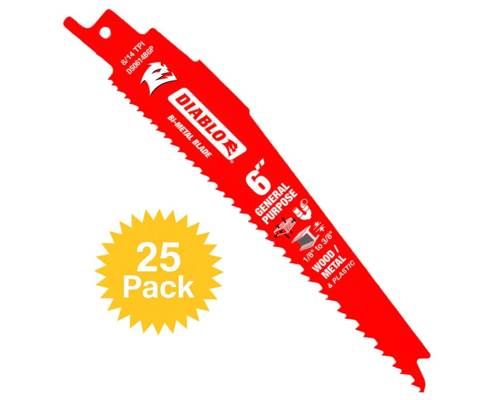 A professional Diablo 6-inch bi-metal general-purpose reciprocating saw blade featuring variable tooth technology and a red Perma-SHIELD coating, designed for demolition in nail-embedded wood, metal, and plastic.