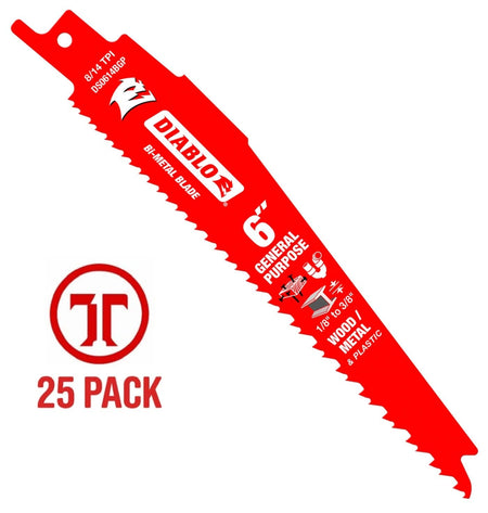 A professional Diablo 6-inch bi-metal general-purpose reciprocating saw blade featuring variable tooth technology and a red Perma-SHIELD coating, designed for demolition in nail-embedded wood, metal, and plastic.