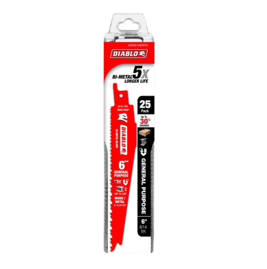 Retail packaging for a 25-pack of Diablo DS0614BGP25 bi-metal reciprocating saw blades, highlighting a 5x longer cutting life and up to 30% savings for professional contractors.