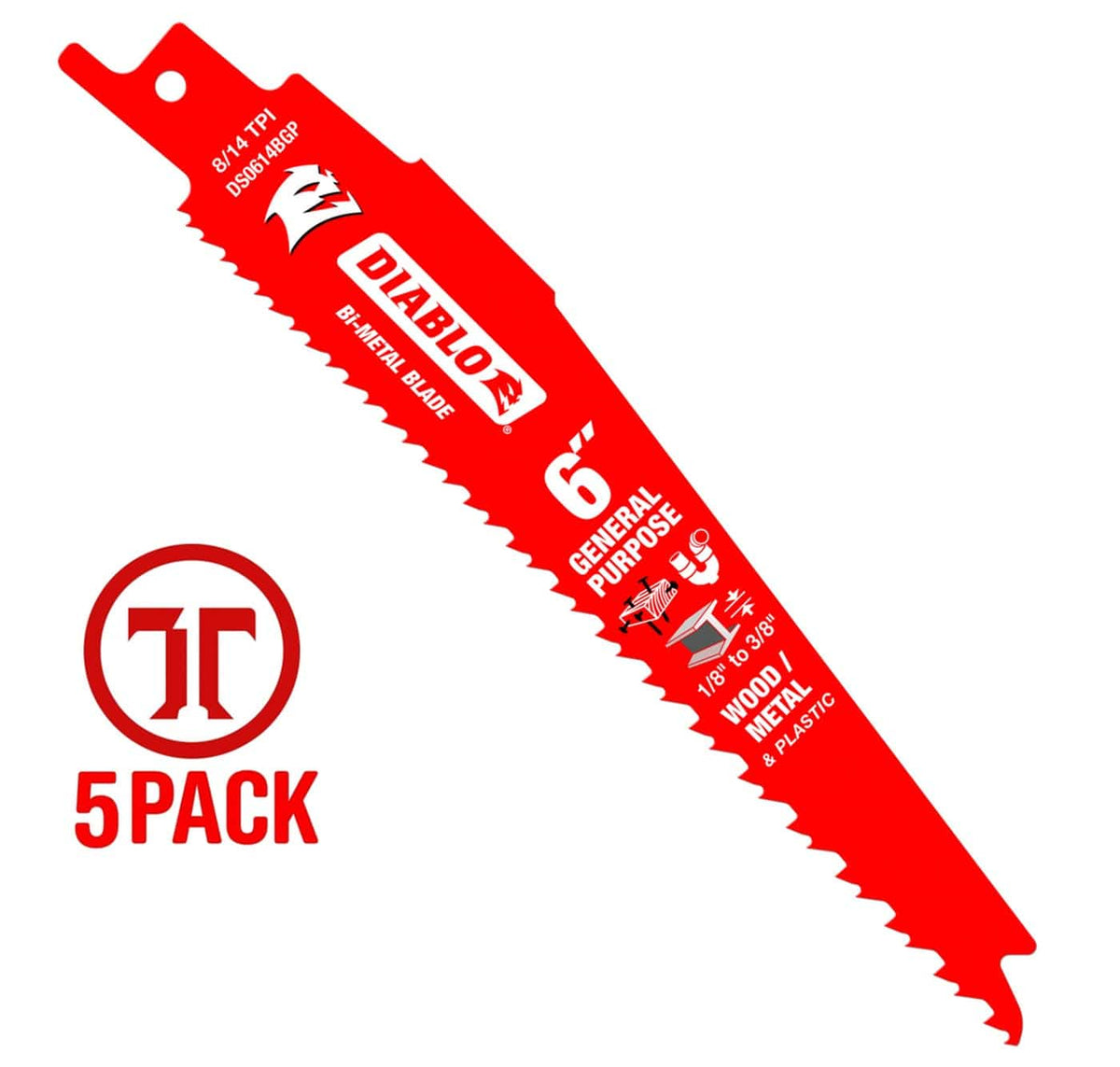 A high-resolution product photograph of a single 6 inch Diablo bi-metal reciprocating saw blade. The red blade features white branding for its 8/14 TPI variable tooth design and its optimization for general purpose cutting in wood, metal, and plastic. A red 5-pack graphic is featured on the left to indicate the product quantity.