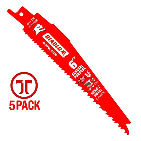 A high-resolution product photograph of a single 6 inch Diablo bi-metal reciprocating saw blade. The red blade features white branding for its 8/14 TPI variable tooth design and its optimization for general purpose cutting in wood, metal, and plastic. A red 5-pack graphic is featured on the left to indicate the product quantity.