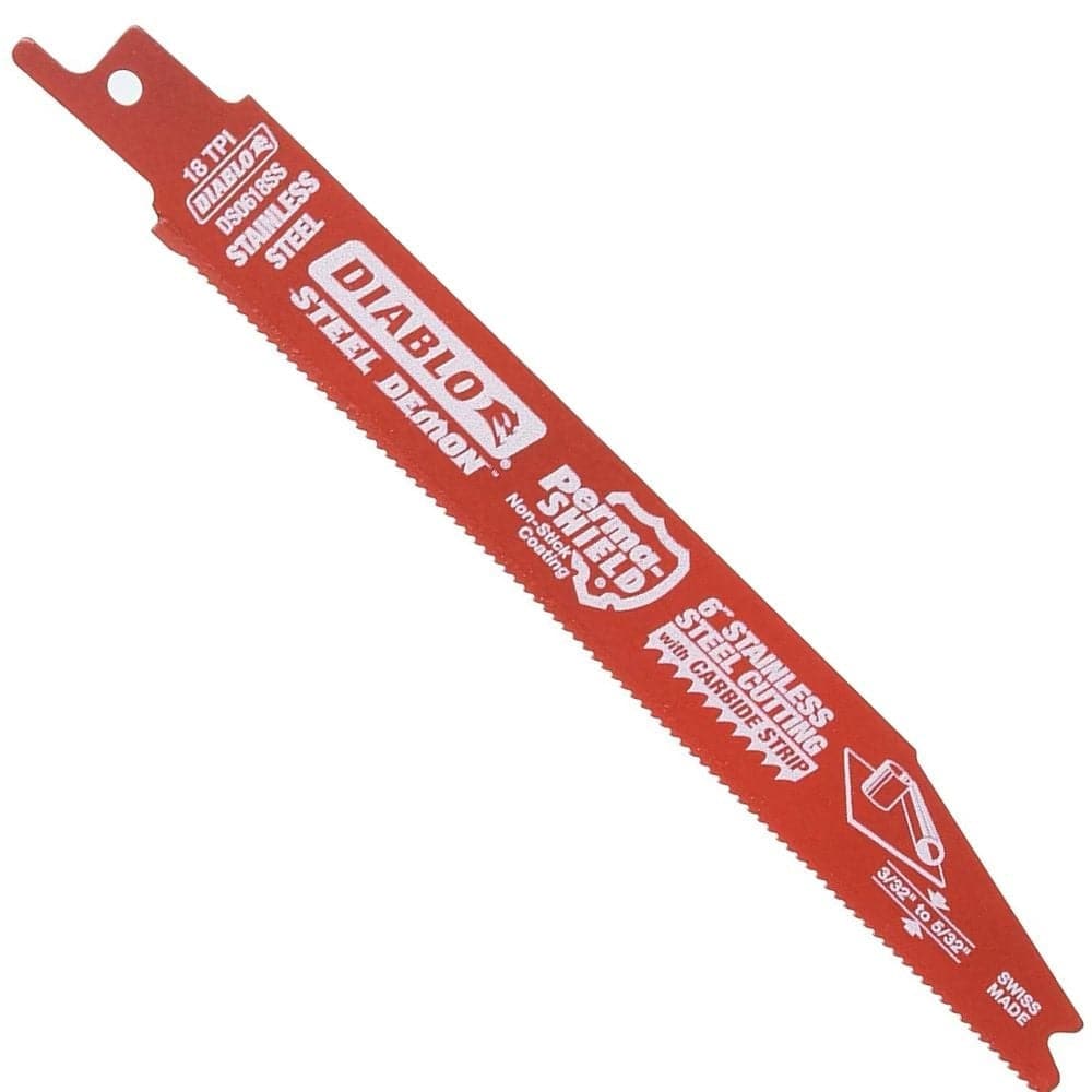 A studio product photograph of a 6 inch Diablo Steel Demon reciprocating saw blade designed for stainless steel cutting. The blade features a vibrant red Perma-SHIELD non-stick coating with white and black text detailing the 18 TPI rating, solid carbide strip technology, and a 3/32 inch to 5/32 inch cutting range.