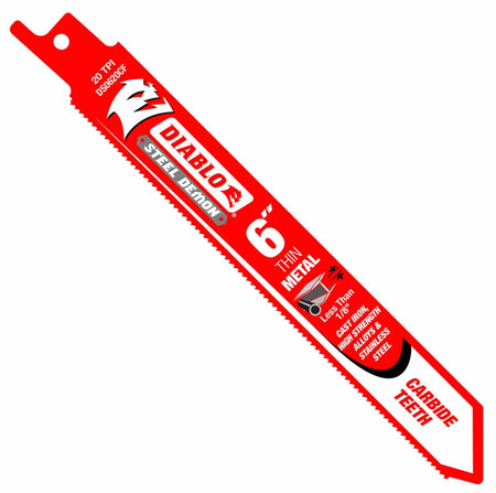 A high-resolution product photograph of a single 6 inch Diablo Steel Demon carbide teeth reciprocating saw blade. The red blade features white and black branding, highlighting the 20 TPI tooth count and its optimization for thin metal, cast iron, high strength alloys, and stainless steel less than 1/8 inch thick.